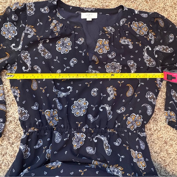 LOFT Paisley Midi Dress Flowy Bishop Sheer Sleeves V-neck Floral Fall Peasant SP - Picture 8 of 9